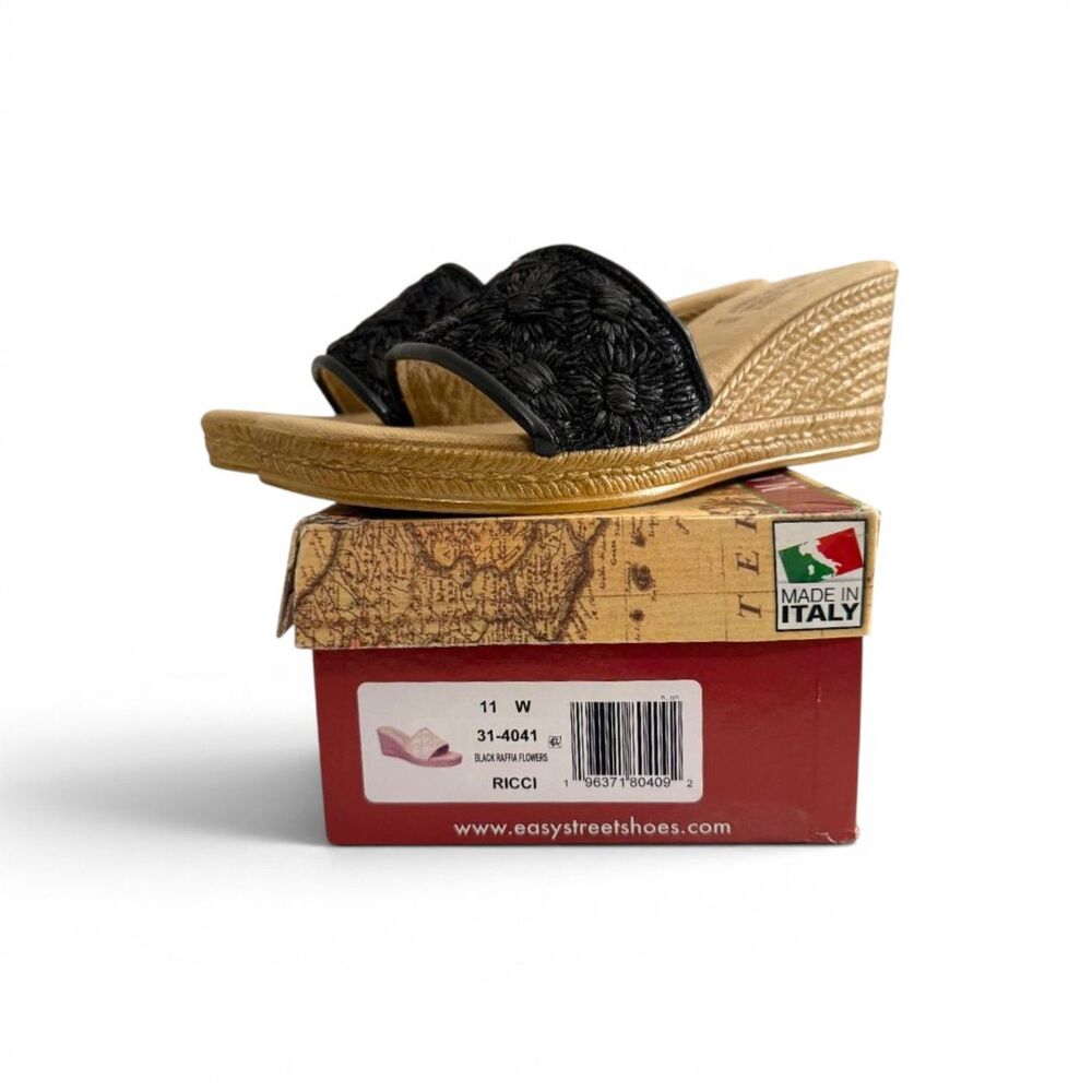 Easy Street Women's Ricci Black Raffia Wedge Heel Sandals, New! Size 11W